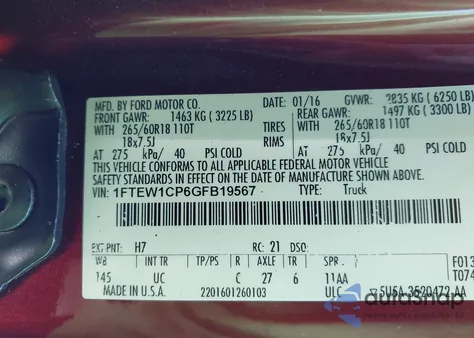 2016 Ford F150 Supercrew z USA, uszkodzony, nr VIN 1FTEW1CP6GFB19567